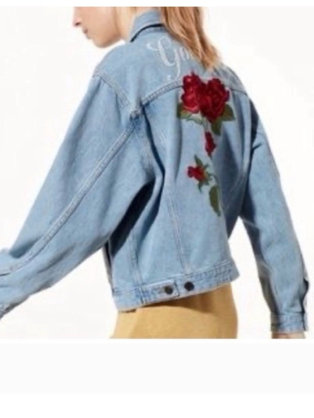 Aritzia Light Blue Denim Jacket with Red Rose Embroidery